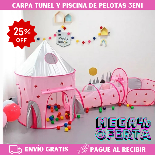 Carpa Túnel Y Piscina De Pelotas 3 en 1 incluye 50 pelotas